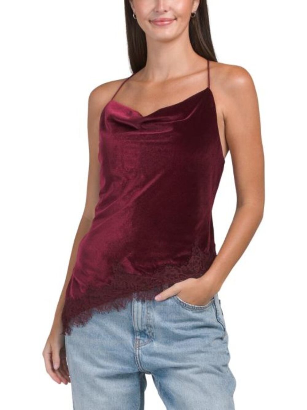 LOVE TREE Velvet Asymmetrical Lace Trim Top